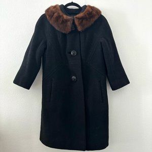 vintage women's black wool coat with mink fur collar, silk interior